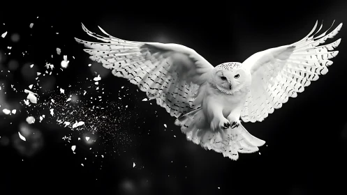 Majestic Snowy Owl in Flight with Wings Spread, Dramatic Black Background.
