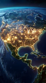 North America from space at night with glowing city lights.