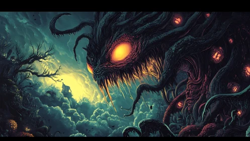 Eldritch storm titan with glowing eyes over haunted valley.