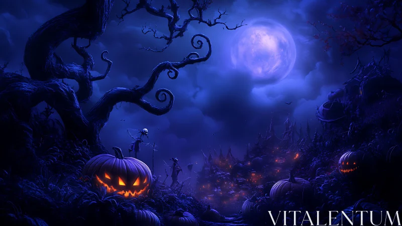 Halloween moonlit landscape with glowing jack o lanterns.