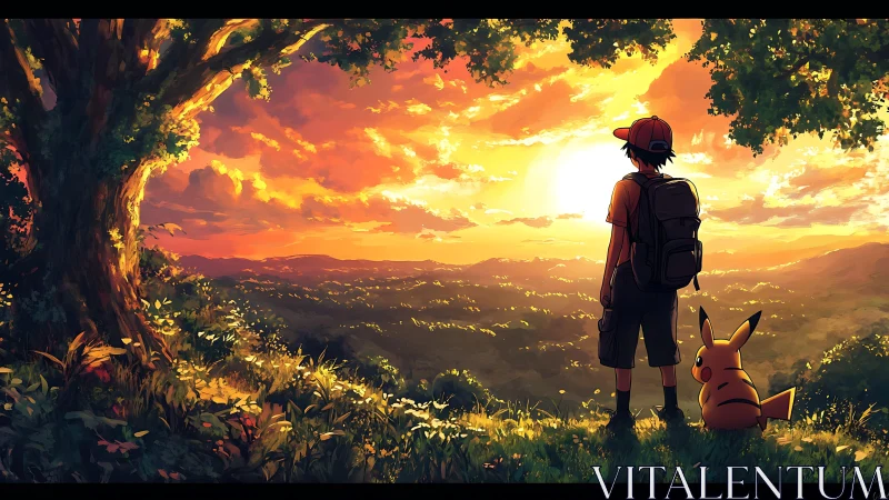 Sunset hike shared by a young trainer and tiny companion.