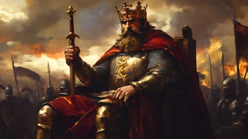 Armored war-king enthroned amid burning battlefield horizon.