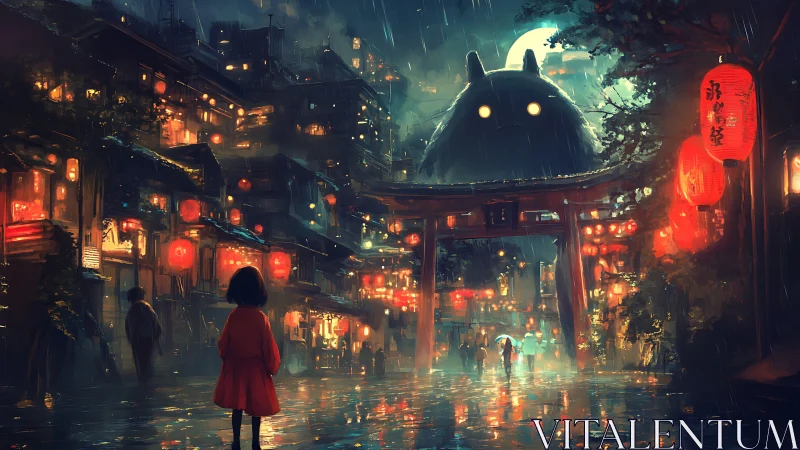 Rain-soaked neon alley reveals looming spirit above torii gate