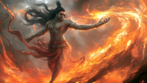 Fire-wreathed warrior demigod bending a storm of embers.