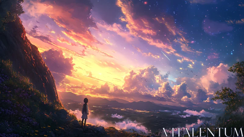 Solitary child watches radiant sunset sky over distant valley