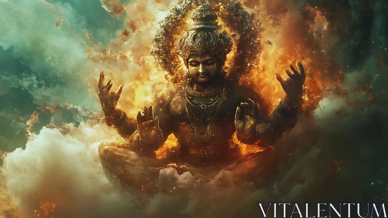 Celestial multi-armed deity in fiery nebula cloud convergence