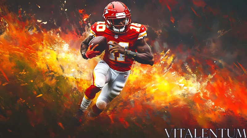 Gridiron ball carrier amid abstract fiery background artwork.