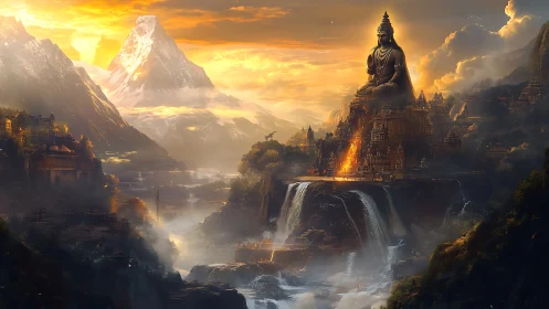 Golden mountain temple city with colossal seated statue.