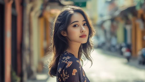 Street portrait in soft backlight with floral dress subject.