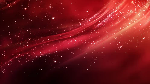 Crimson cosmic light trails with scattered stardust sparkles.