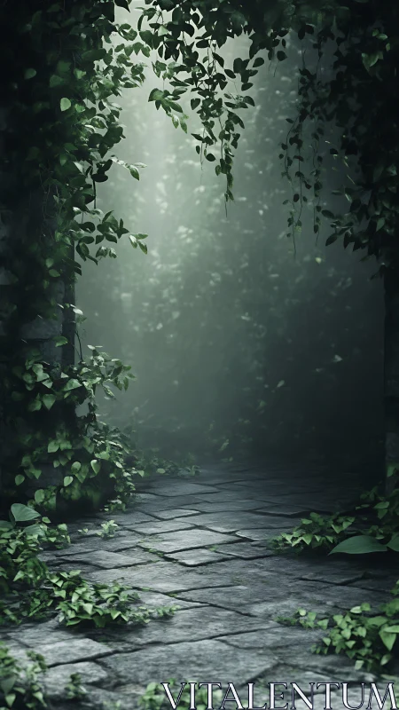 Misty garden pathway framed by soft trailing green vines.