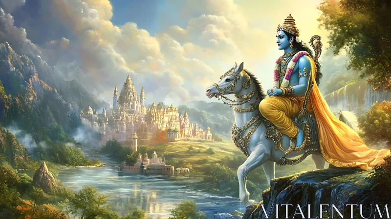 Divine blue rider on ornate white horse before luminous temple city