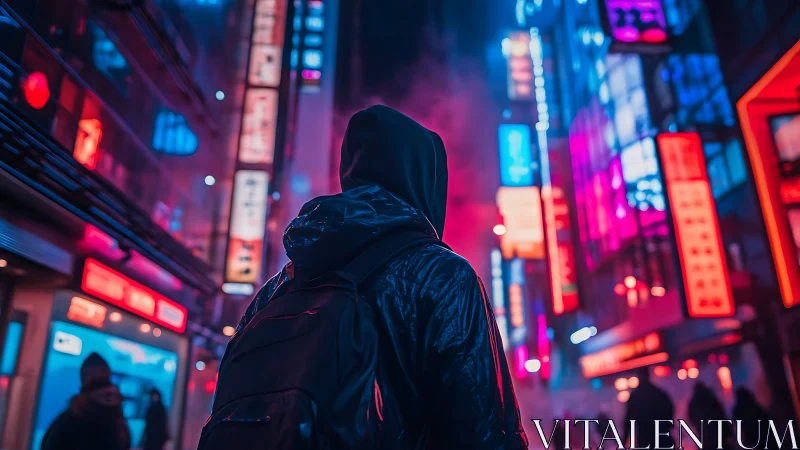 Cyberpunk neon alleyway with hooded figure in chiaroscuro focus.