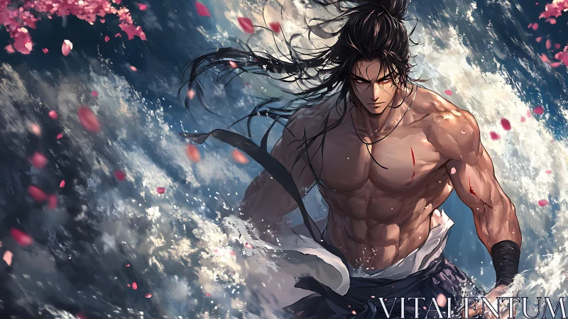 Dynamic samurai warrior amid storm-tossed ocean spray panorama.