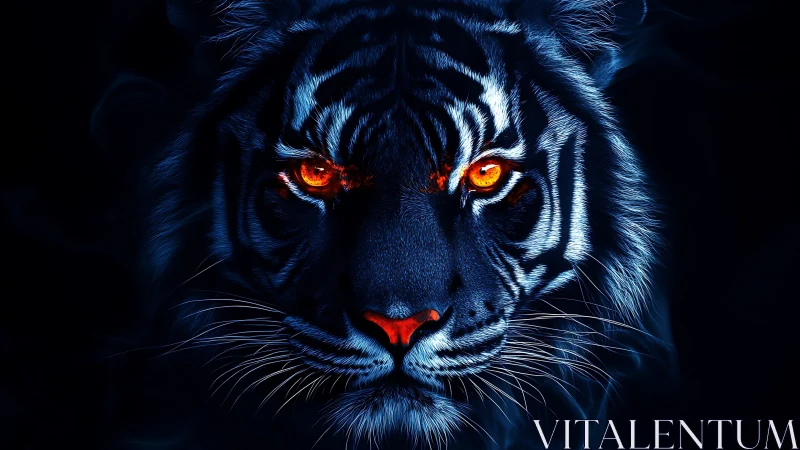 Neon blue tiger portrait with glowing orange eyes at night.