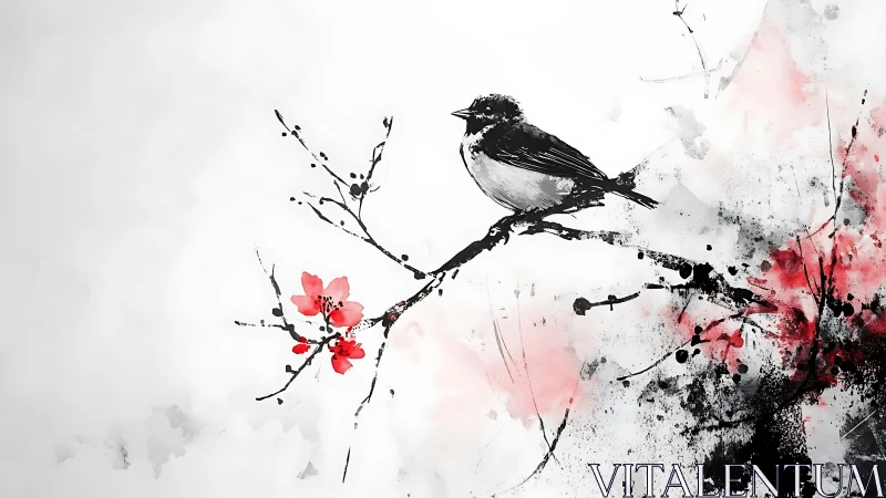 Monochrome bird on branch with red blossoms in watercolor.