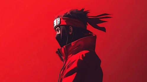 Crimson-masked ninja drifts in a storm of burning silence.