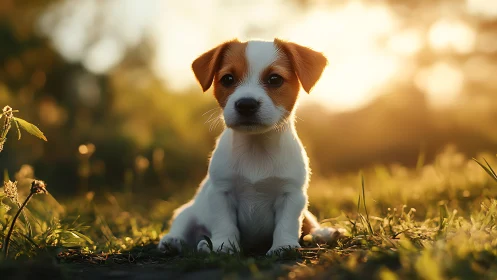 Sunlit puppy daydreams in a meadow of warm golden hush.