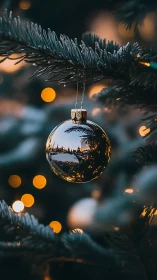 Glistening Christmas bauble reflects winter lights beautifully.