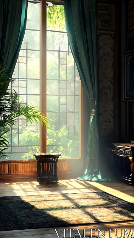 Sunlit parlor window casting patterned floor shadows.