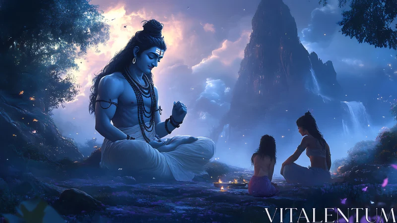 Moonlit Shiva blessing two devotees in a tranquil mountain grove
