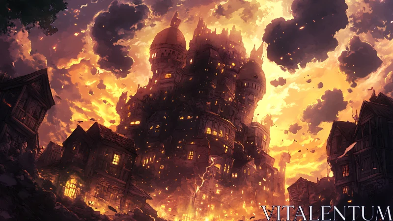 Infernal Fortress Ablaze: Gothic Towers Engulfed in Apocalyptic Fire.