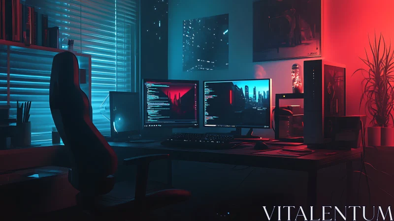 Neon code streams hum quietly across a midnight gaming desk