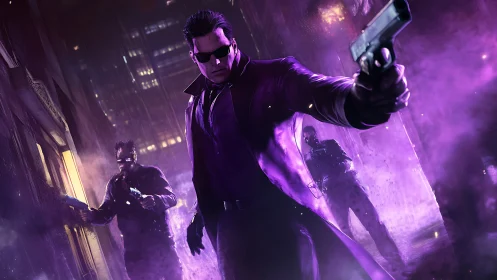 Neon soaked vigilante strides forward through purple night