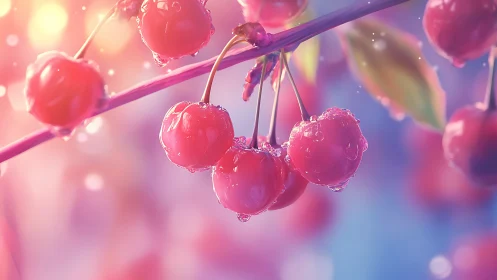 Dewy pink berries glowing in dreamy morning light.