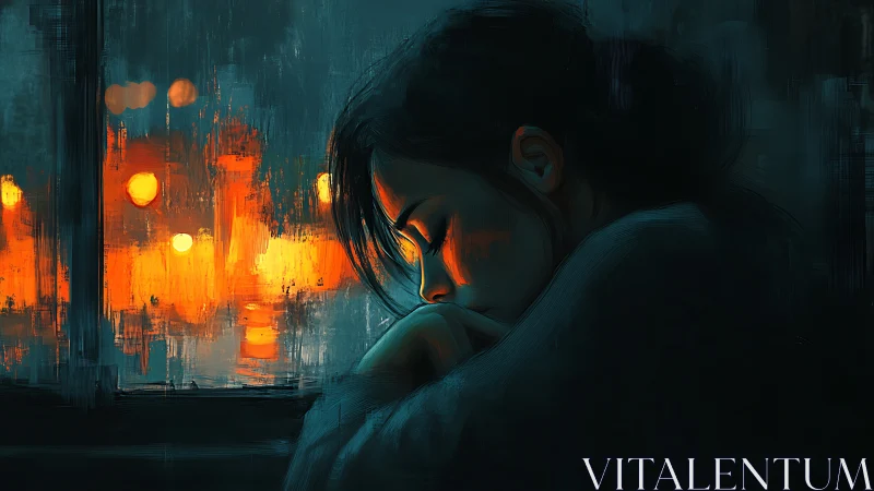 Melancholic profile against blurred neon city lights glows softly