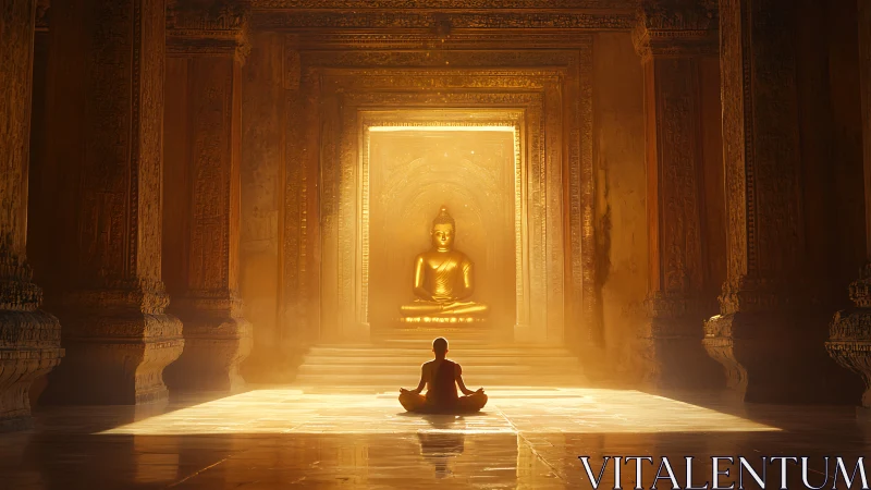 Golden quietude hums as monk and Buddha share morning light