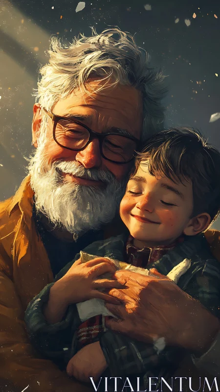 Warm sunlight cradles a grandfather and child in joyful embrace