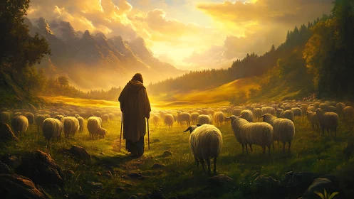 Shepherd walks among glowing sheep in golden mountain valley.