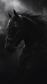 Armored black horse in rain against dark storm clouds.