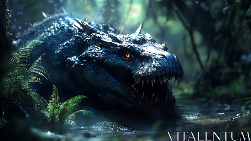 Bioluminescent swamp dragon emerges with wet specular scales bared