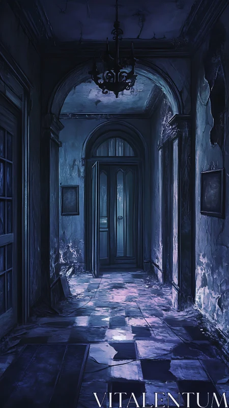 Narrow decayed corridor extends toward a partially open door