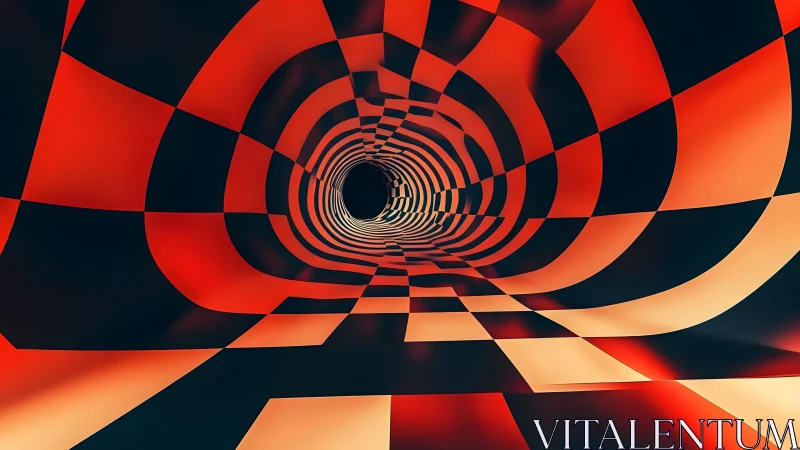 Surreal Red and Black Checkered Tunnel with Optical Illusion Effect.