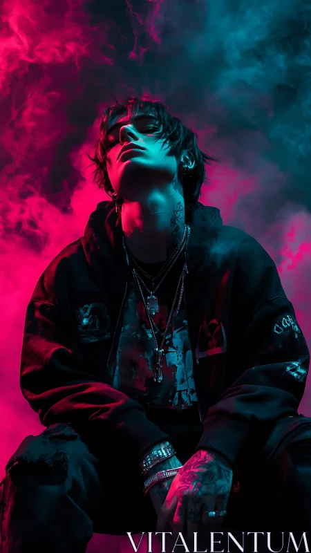 Neon-drenched rebel broods beneath electric crimson clouds.