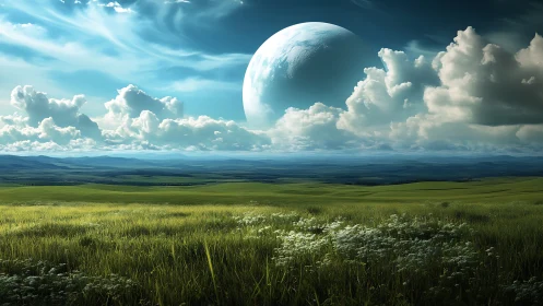 Distant planet above expansive grassland under clouds.