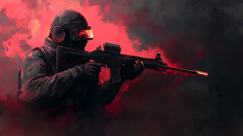 Armored soldier aims rifle against vivid red smoke background