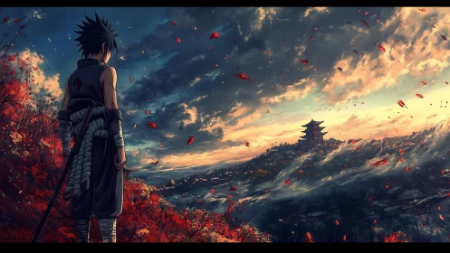 Swordsman overlooks distant pagoda under dramatic sky
