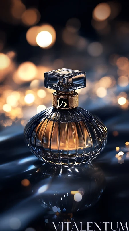 Midnight glass flacon cradles molten gold beneath bokeh stars