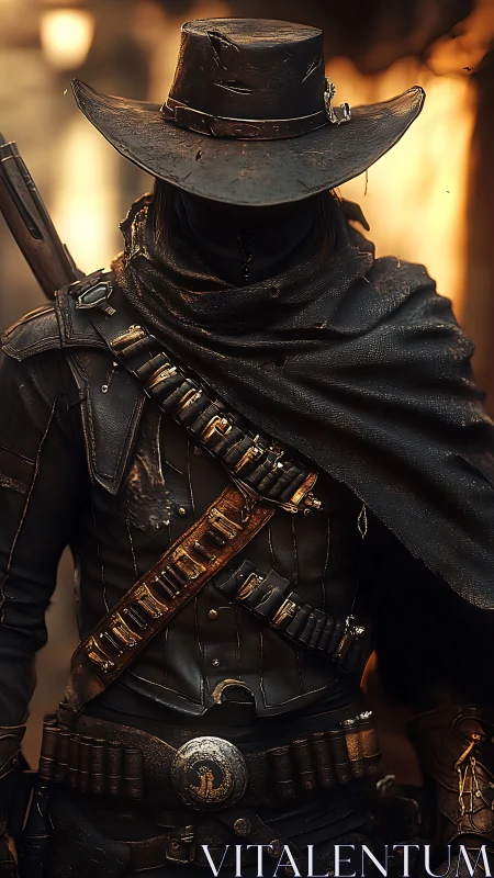 Dark gunslinger in tattered leather gear and wide hat