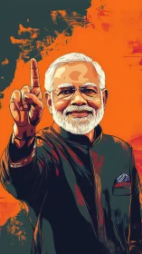 Smiling elder statesman raises index finger against orange field