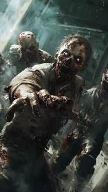 Ravenous undead horde lunging through smoky corridor.