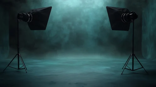 Studio softbox lights stand in empty teal photographic space