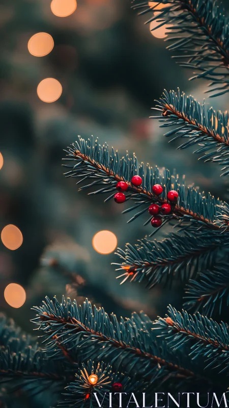 Evergreen needles cradle scarlet berries under warm bokeh glow.
