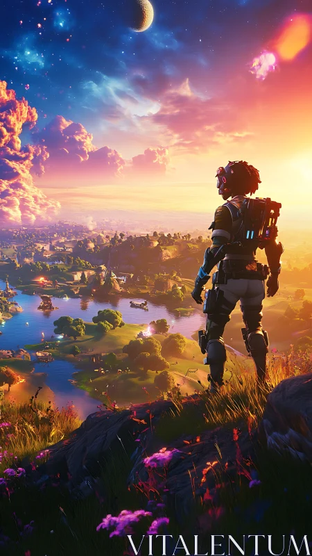 Starlit explorer gazes over neon dawn frontier world.