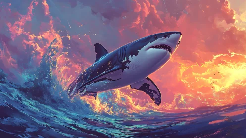 Majestic great white shark bursts through neon sunset surf