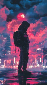 Hooded urban figure against neon city and red moon skyline.